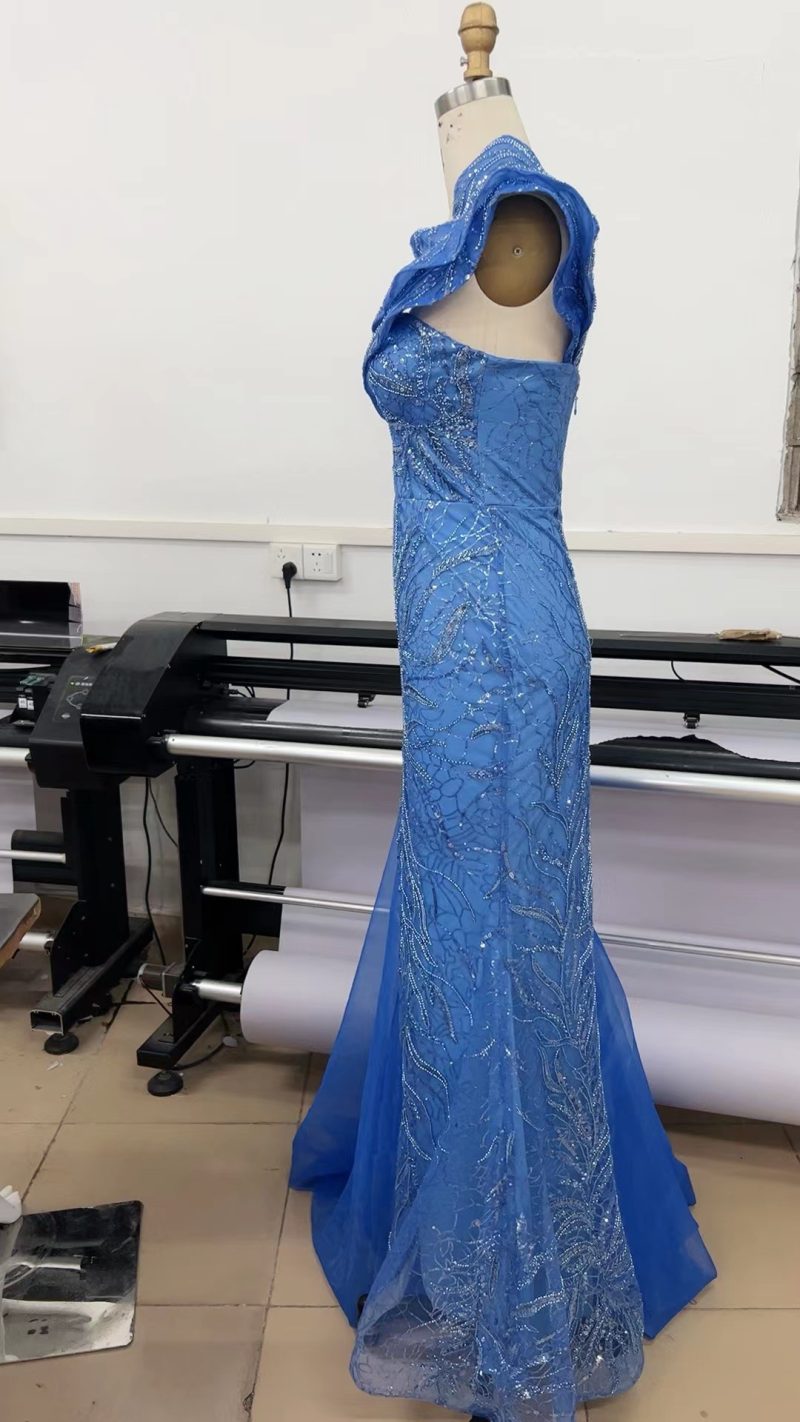 Blue One-Shoulder Beaded Gown - Image 4