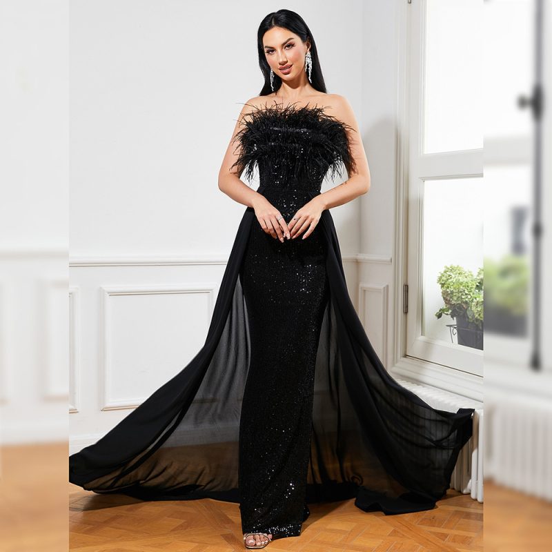 Sexy Sequin Feather Maxi Dress