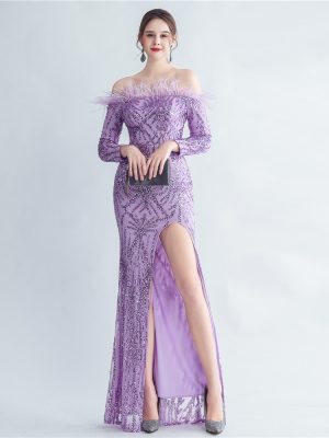 Ostrich Feather Sequin Fishtail Gown