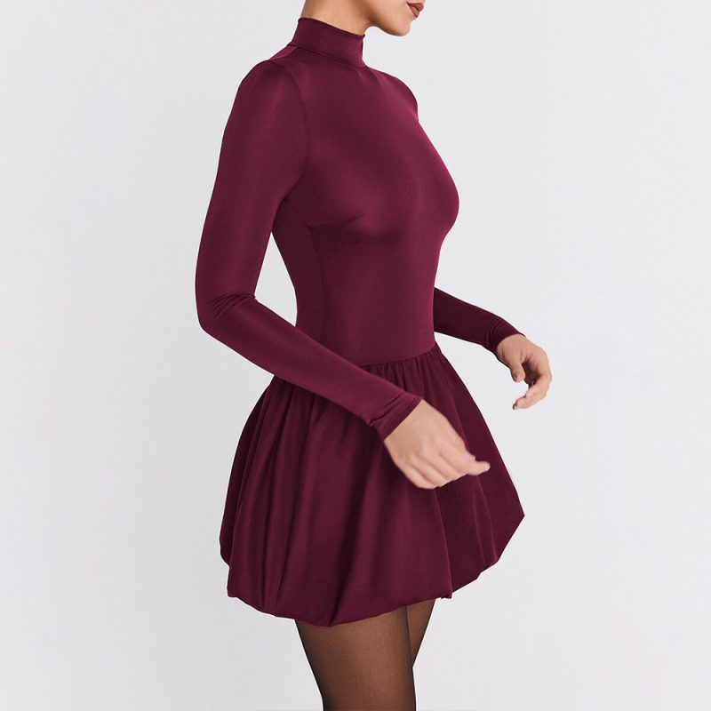 Elegant Slim Turtleneck Pleated A-Line Dress - Image 2