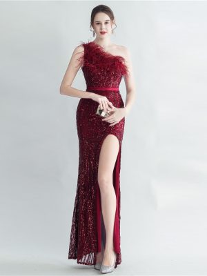 Ostrich Feather One-Shoulder Gown