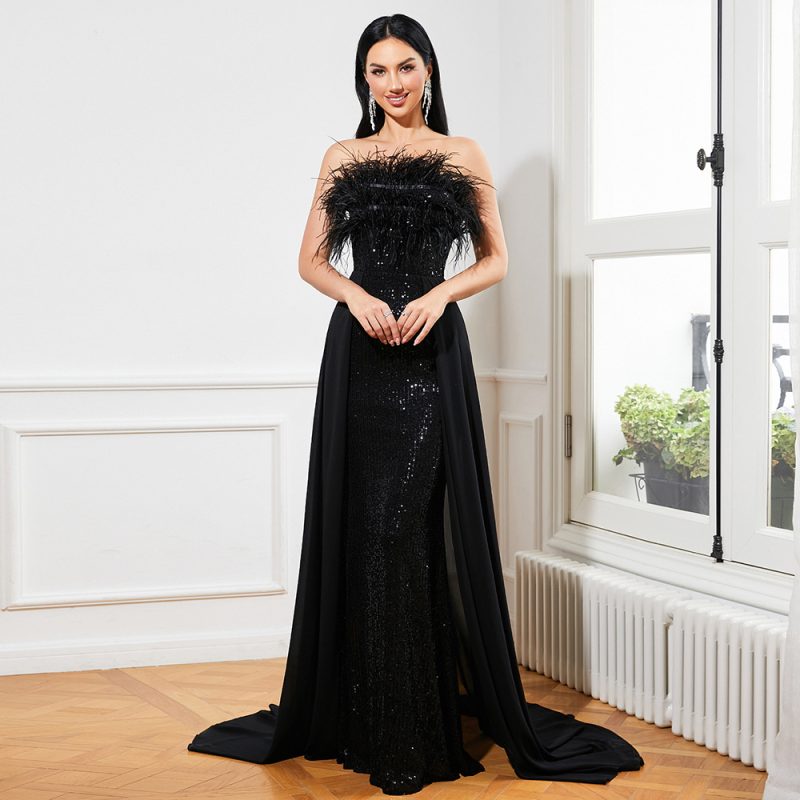 Sexy Sequin Feather Maxi Dress - Image 3