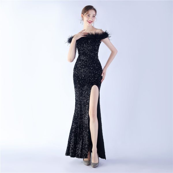 Off-Shoulder Velvet Sequin Gown - Image 3