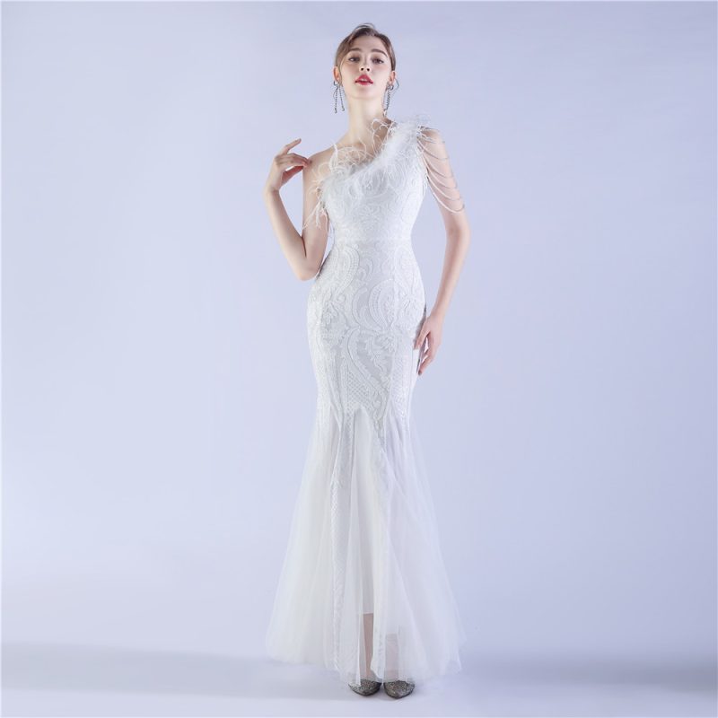 High-End Beaded Feather Gown