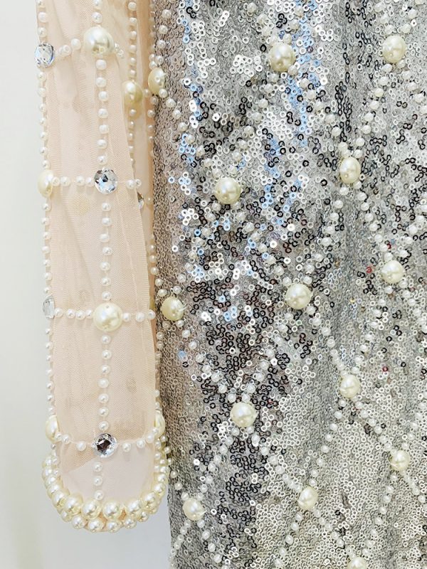 Pearl Beaded Sequin Mesh Dress - Image 4