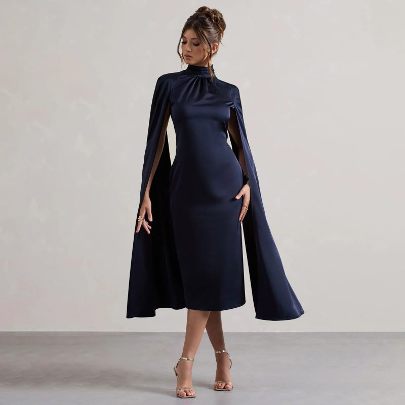 Artificial Silk Turtleneck Midi Dress