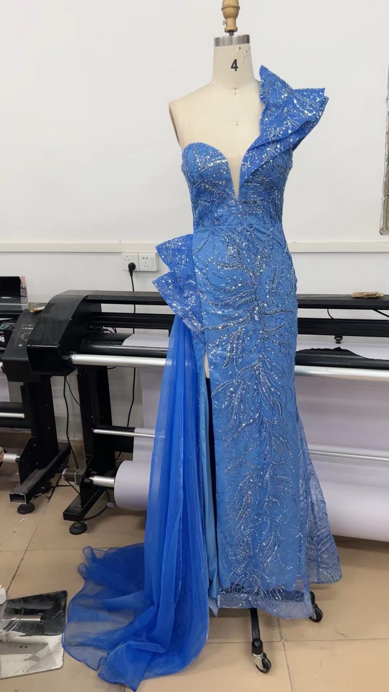 Blue One-Shoulder Beaded Gown - Image 2