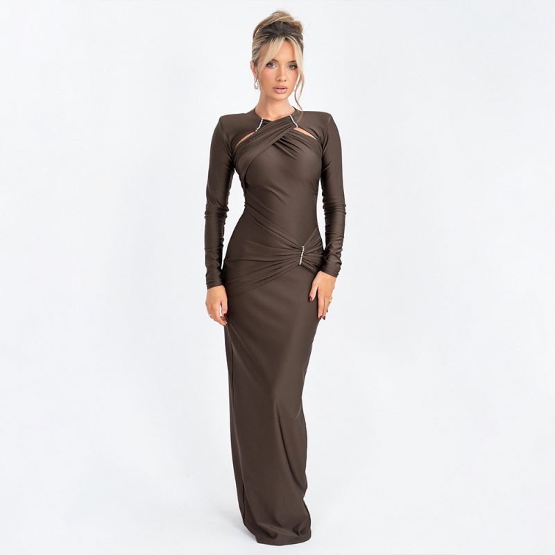 Sexy Slim Pleated Long Sleeve Maxi Dress - Image 2