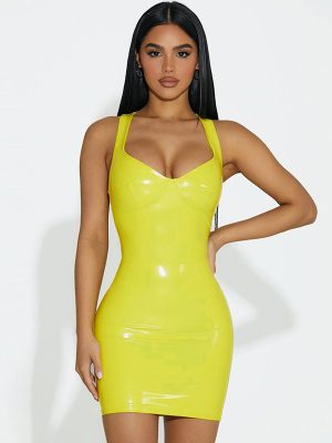 Summer Sexy V-Neck Glossy Faux Leather Slip Dress