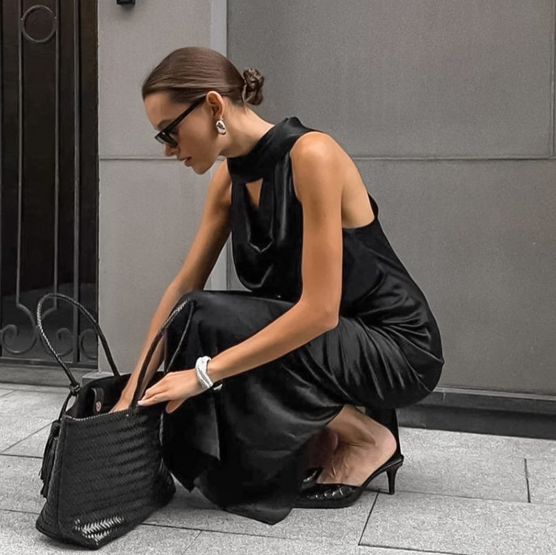 Spring Summer Off-Shoulder Satin Swing Dress - Image 3