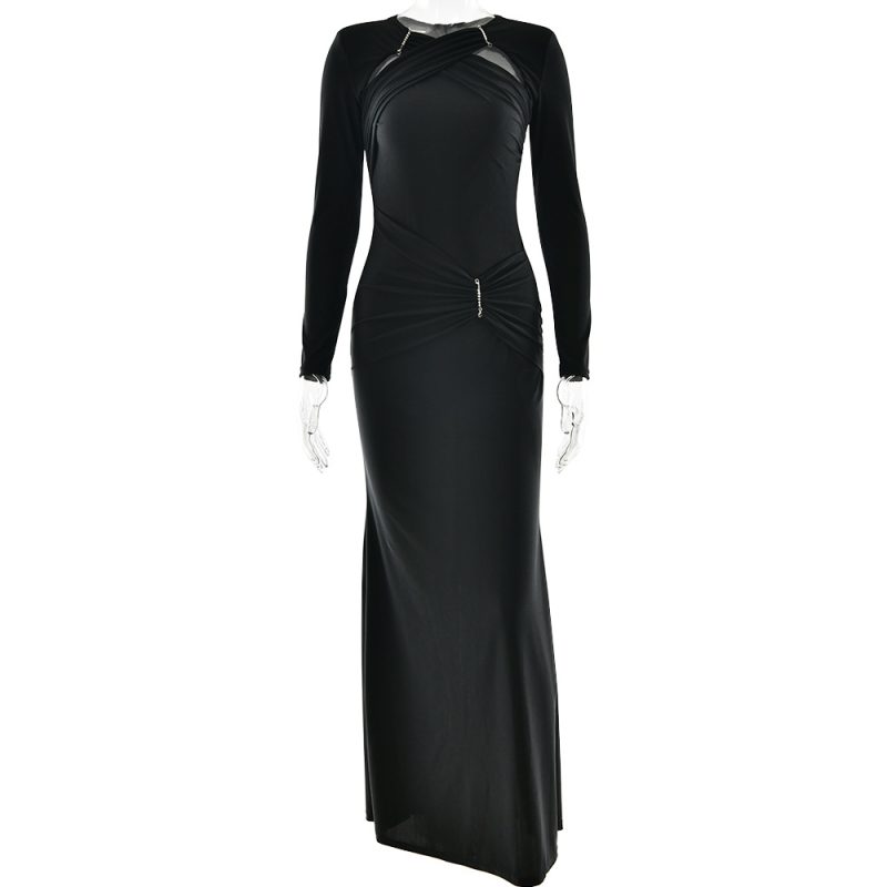 Sexy Slim Pleated Long Sleeve Maxi Dress - Image 4