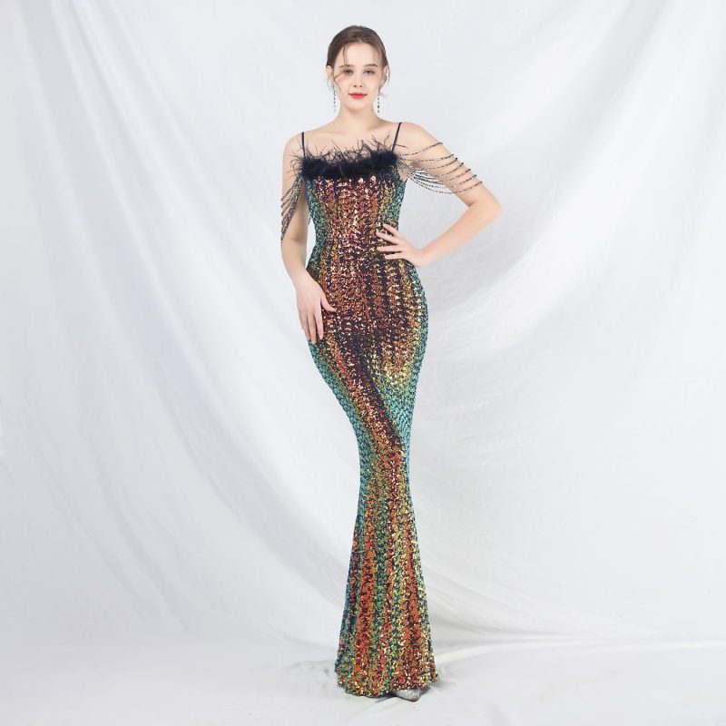 Colorful Sequin Feather Gown - Image 4