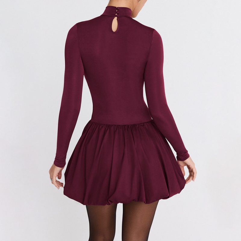 Elegant Slim Turtleneck Pleated A-Line Dress - Image 3