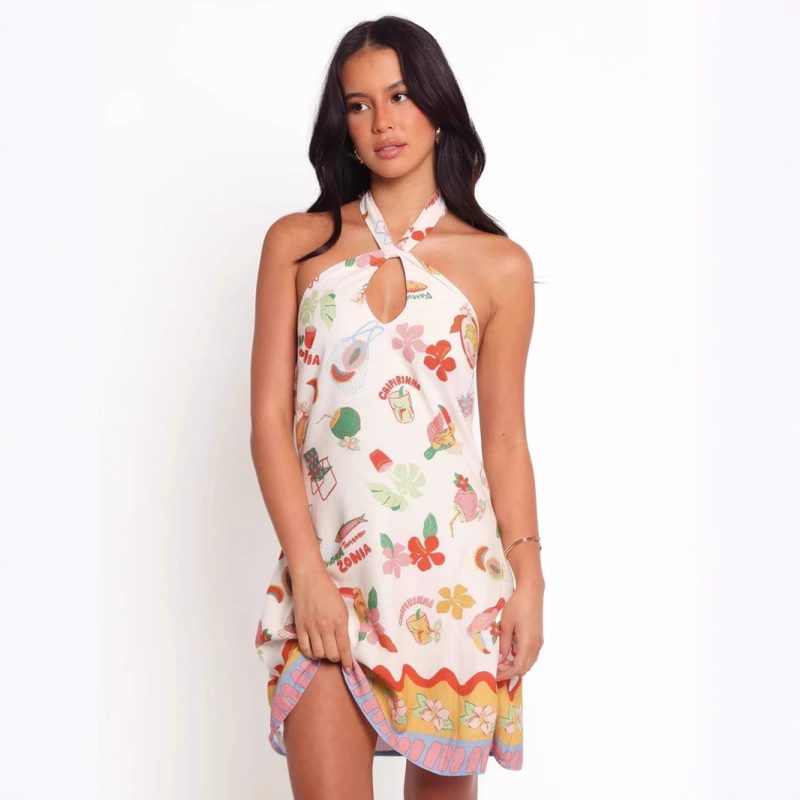 Printed Halter Backless Beach Holiday Dress