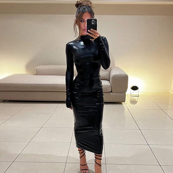 Autumn Dark Solid Faux Leather Slim Dress - Image 2