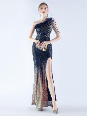 Gradient Sequin Feather Gown