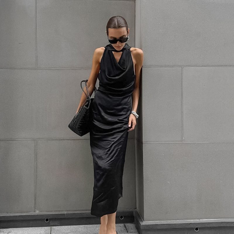 Spring Summer Off-Shoulder Satin Swing Dress