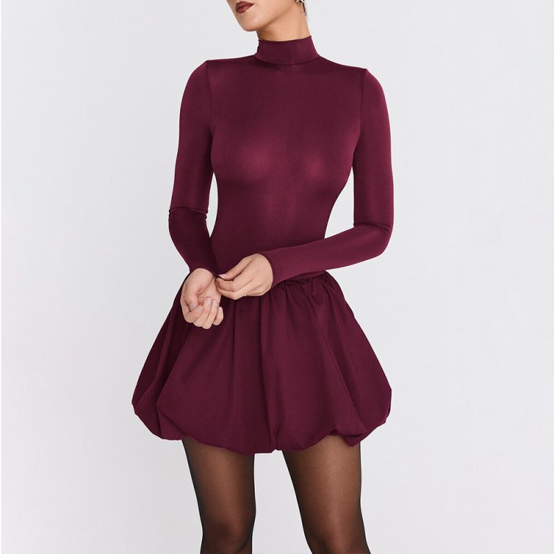 Elegant Slim Turtleneck Pleated A-Line Dress