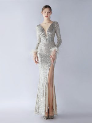 Ostrich Feather Sequin Gown