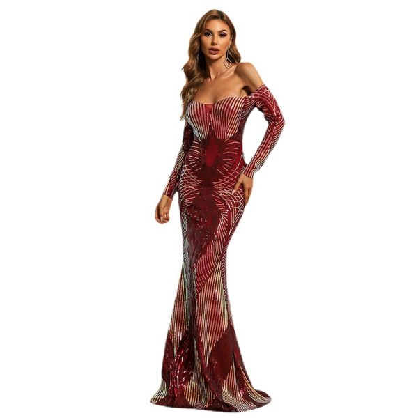 Red Off-Shoulder Sequined Gown - Image 4