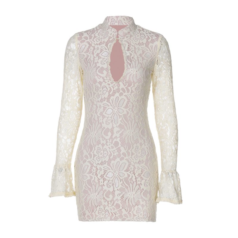 Winter Sexy Lace Cutout Flare Sleeve Dress - Image 3