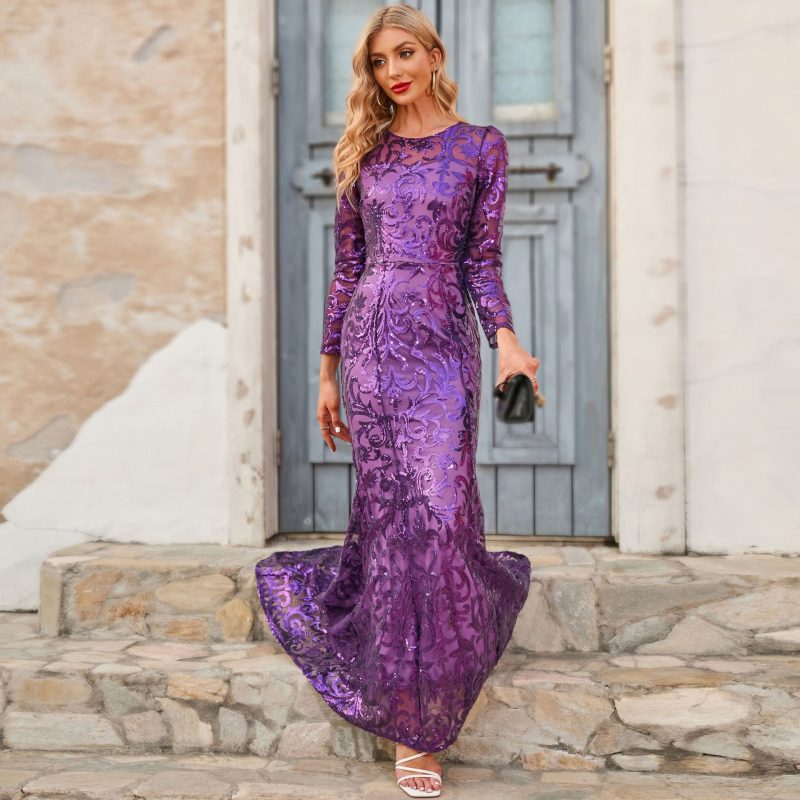 Elegant Purple Sequined Evening Dress