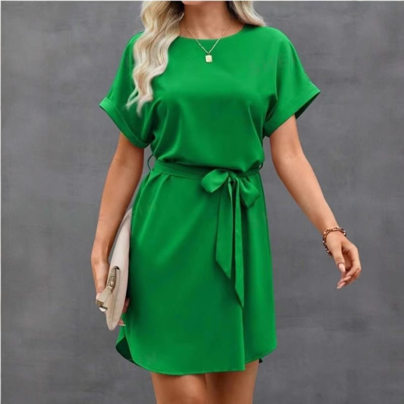 Lace-Up Waist Short Sleeve Satin Dress