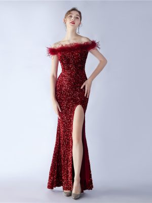 Off-Shoulder Velvet Sequin Gown