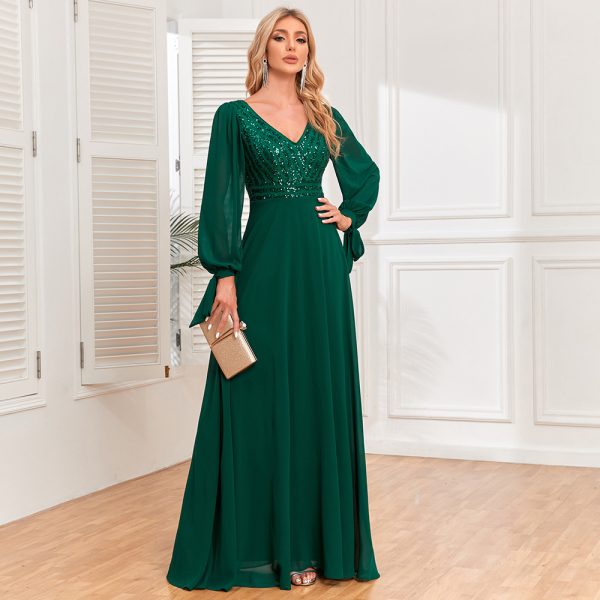 Sequin Chiffon V-Neck Gown