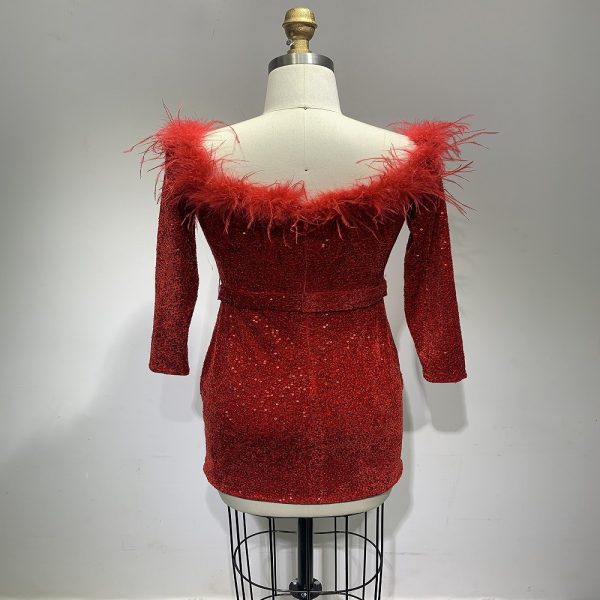 Red Feather Sequin Mini Dress - Image 3