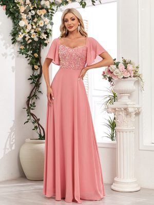 Pink Sequin Chiffon A-Line Dress