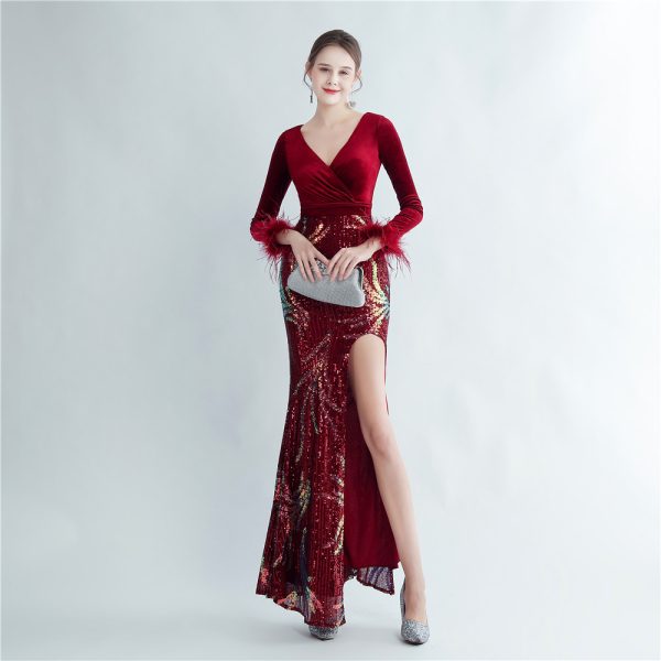 Velvet Sequin Feather Gown - Image 3