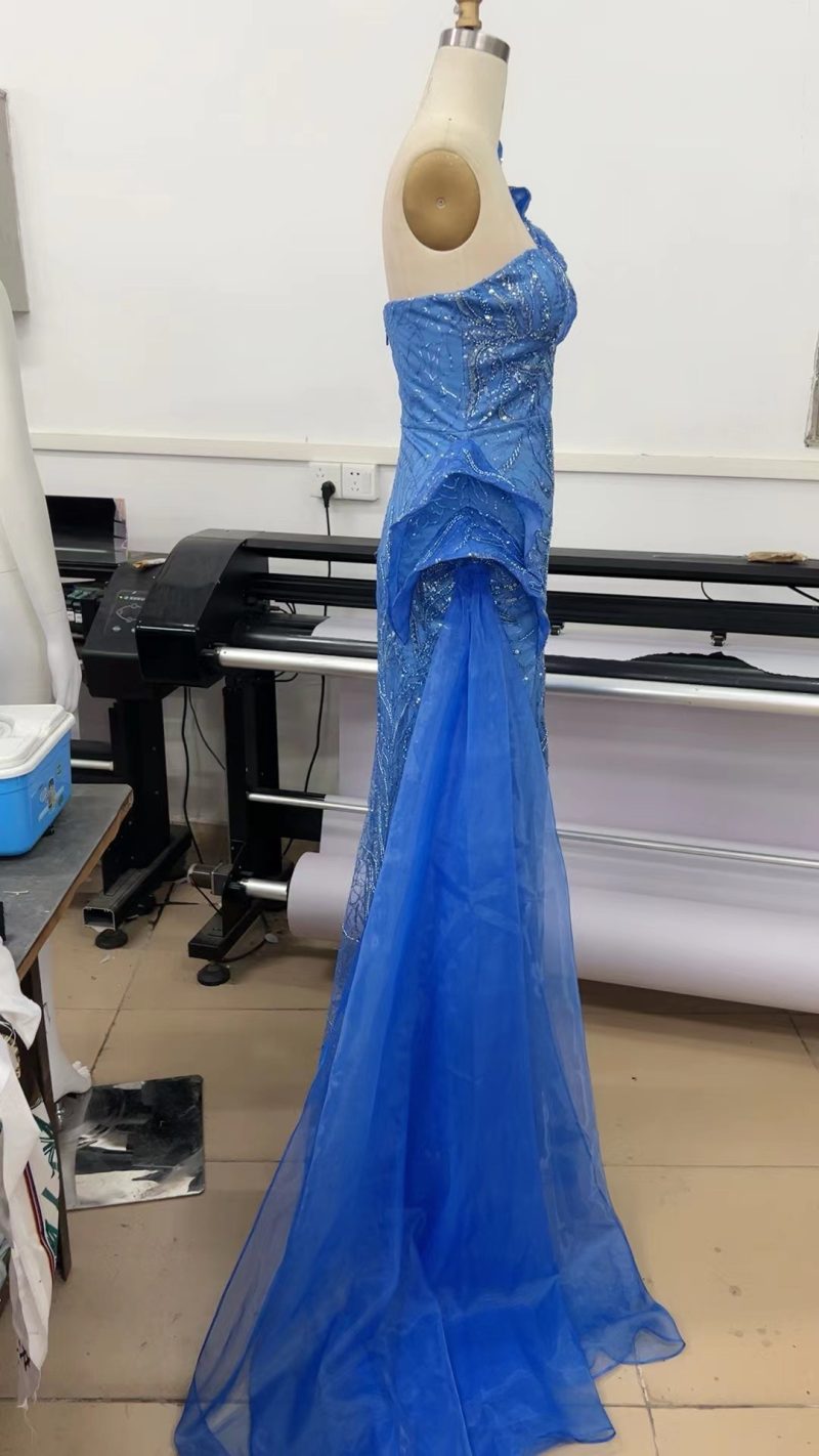 Blue One-Shoulder Beaded Gown - Image 3