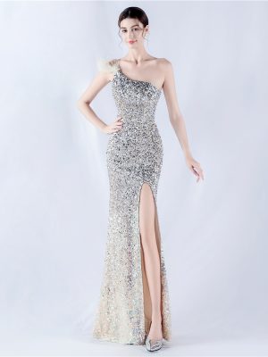 Velvet Sequin Feather Gown