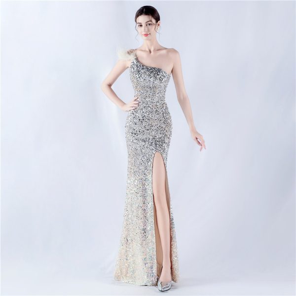 Velvet Sequin Feather Gown