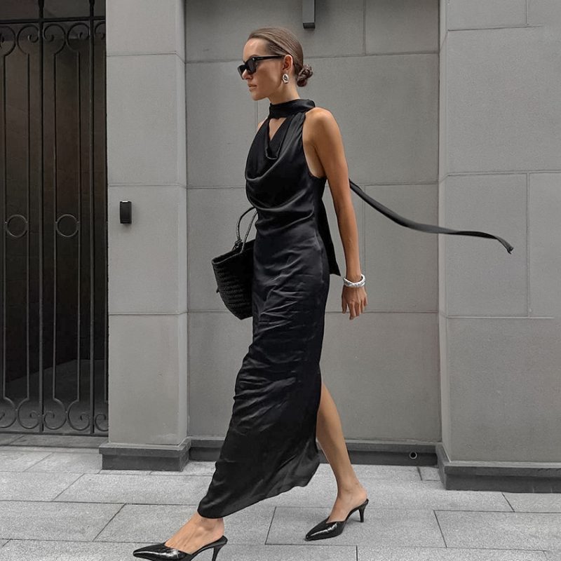 Spring Summer Off-Shoulder Satin Swing Dress - Image 2