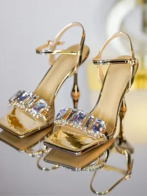 Gold Silver Crystal Sandals Ankle Straps