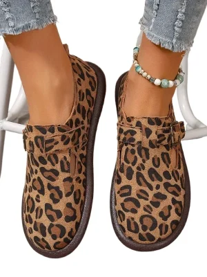 Leopard Print Genuine Leather T-Strap Flats