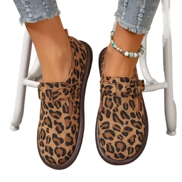 Leopard Print Genuine Leather T-Strap Flats