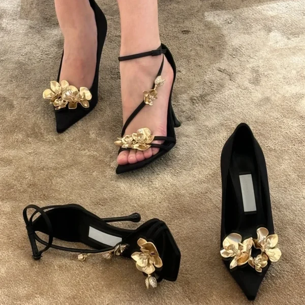 Silk Floral Gold Heels - Image 3