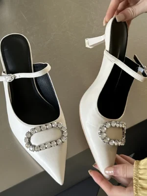 Rhinestone Buckle Slingback Mules