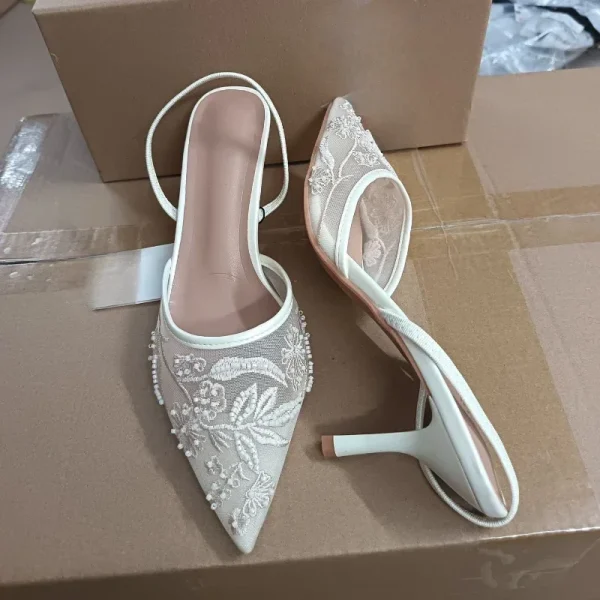 Embroidered Flower Sandals White High Heels - Image 5