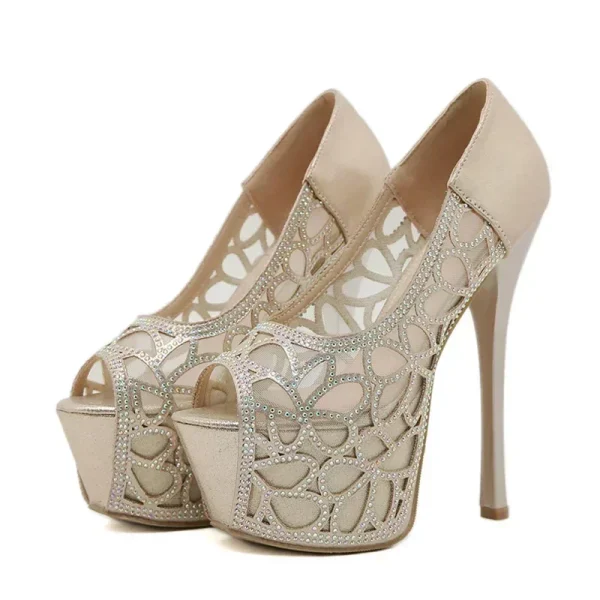 Rhinestone Hollow Thin High Gold Heels