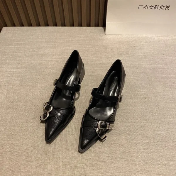 Pointed Toe Belt Buckle Low-Heel Shoes - Image 3