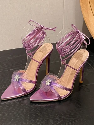 Crystal Flower Ankle Strap Heels