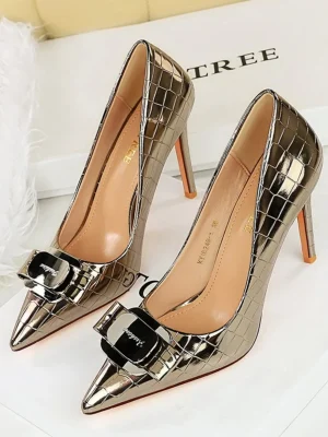 Gold Patent Bow Heels