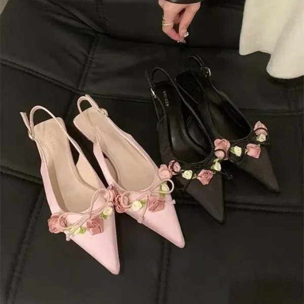 Satin Flower Strap Flat Sandals - Image 6