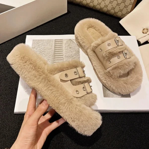 Fur Platform Slippers Warm Belt Buckle Slides - Image 2