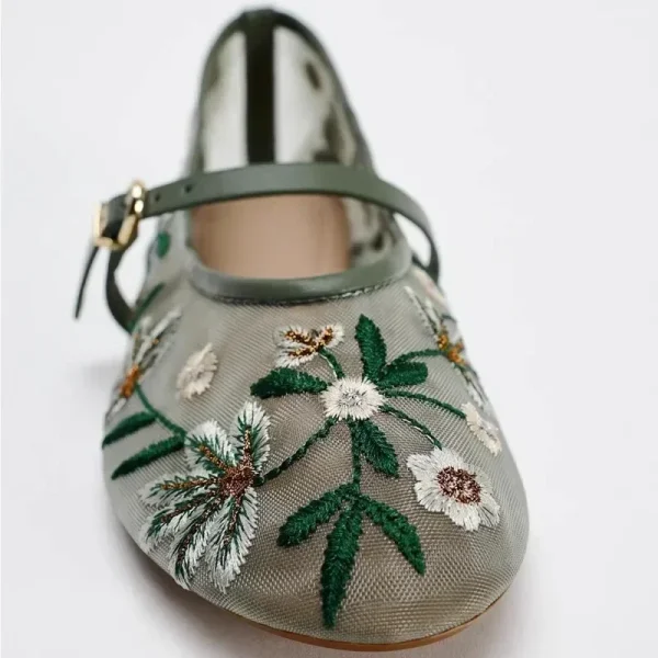 Green Floral Mesh Ballet Flats - Image 2