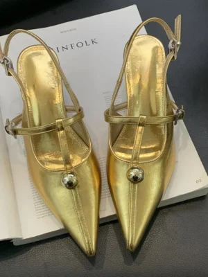 Gold Slingback Low Heels